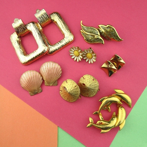 Vintage Jewelry - Vintage Goldtone Clip Earrings Lot 80s 90s